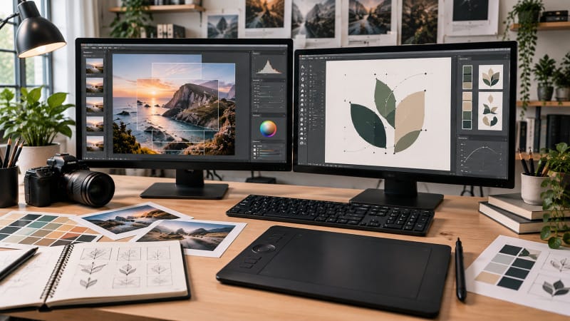 Flujo de trabajo de diseño gráfico con edición fotográfica y gráficos vectoriales