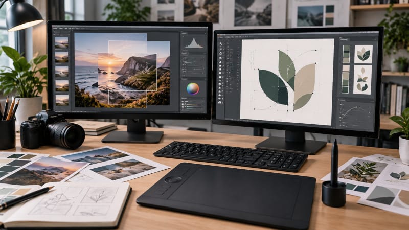 Flujo de trabajo de diseño gráfico con edición fotográfica y gráficos vectoriales