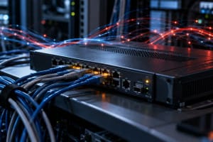 Router de red profesional ante una representación visual sobria de un ataque de ciberseguridad