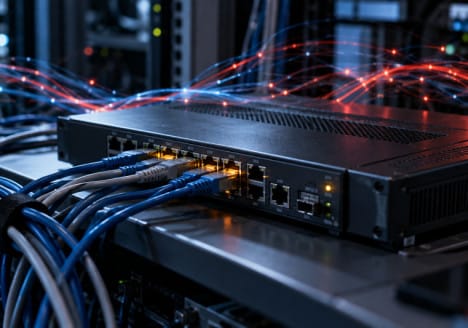 Router de red profesional ante una representación visual sobria de un ataque de ciberseguridad