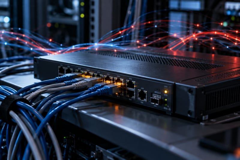 Router de red profesional ante una representación visual sobria de un ataque de ciberseguridad