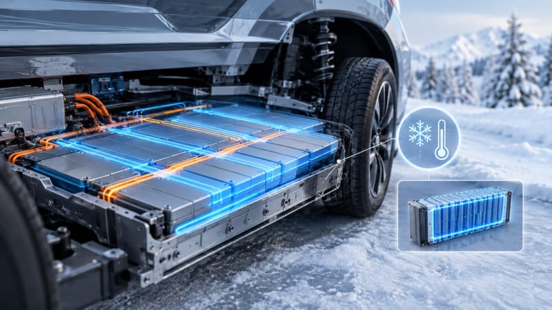Batería de sodio-ion representada en un contexto de vehículo eléctrico y bajas temperaturas