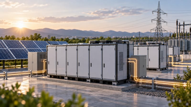 Sistema conceptual de almacenamiento estacionario con baterías de sodio-ion conectado a una red eléctrica