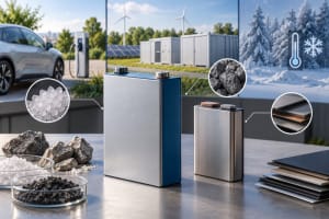 Representación conceptual de una batería de sodio-ion y sus conexiones con movilidad y almacenamiento energético