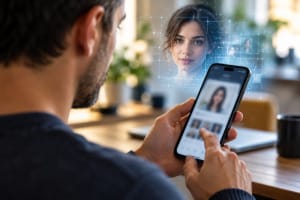 Persona usando una aplicación móvil mientras interactúa con un perfil digital generado por inteligencia artificial
