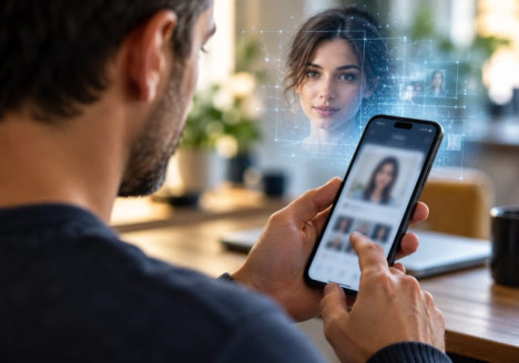 Persona usando una aplicación móvil mientras interactúa con un perfil digital generado por inteligencia artificial