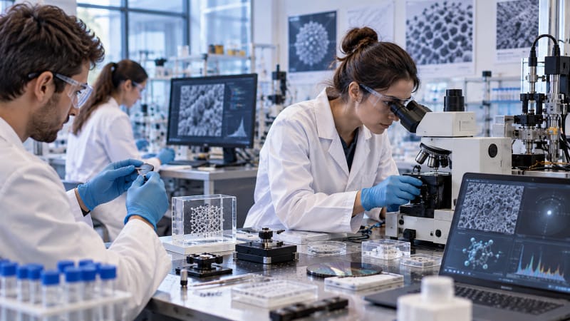 Estudiantes e investigadores trabajando con materiales nanoestructurados en un laboratorio