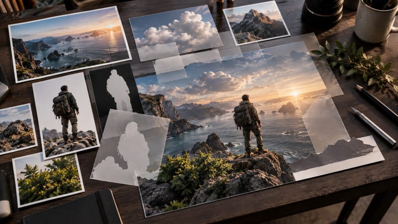 Flujo visual de capas, recortes y máscaras para una composición fotográfica
