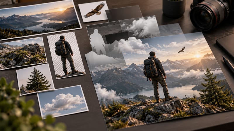 Proceso de composición fotográfica con capas y máscaras en Photoshop