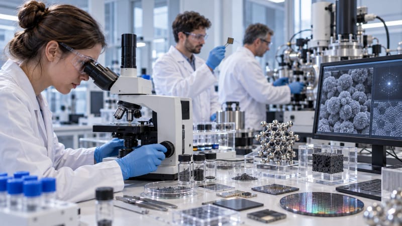 Investigadores trabajando con materiales nanoestructurados y equipamiento de precisión