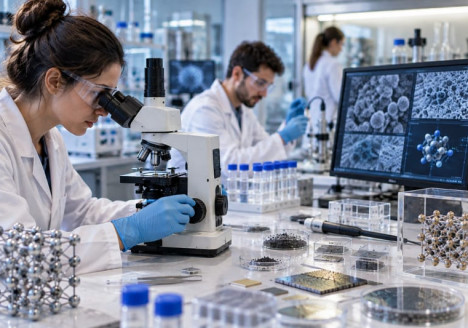 Laboratorio contemporáneo de investigación en nanotecnología con microscopía y materiales avanzados