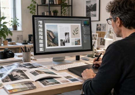 Diseñador gráfico trabajando con Affinity en un proyecto editorial