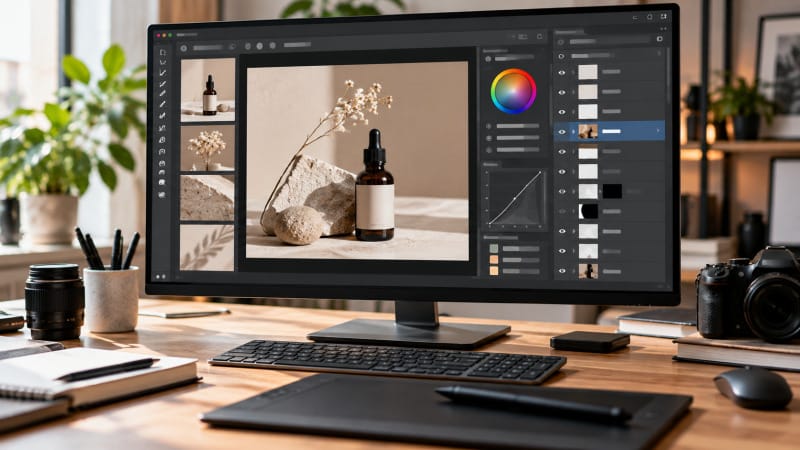 Flujo de edición fotográfica con capas máscaras ajustes y composición