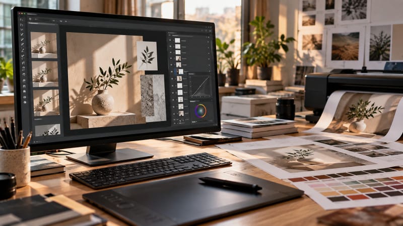 Diseñador comparando un flujo digital y un proceso profesional de preparación de imágenes