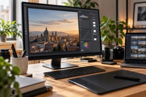 Editor de imágenes de escritorio con capas y fotografía en un flujo de trabajo profesional