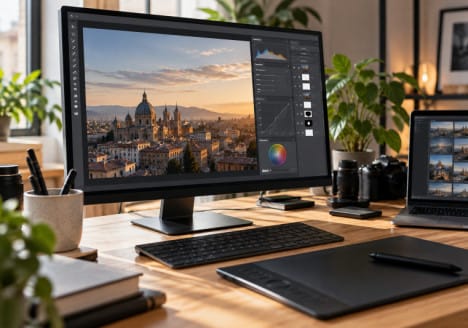 Editor de imágenes de escritorio con capas y fotografía en un flujo de trabajo profesional