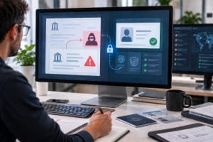 Representación conceptual de una petición fraudulenta de datos bancarios mediante suplantación de un organismo público
