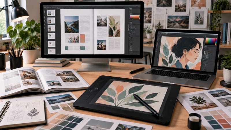 Maquetación editorial, ilustración digital y edición gráfica en un flujo de trabajo profesional