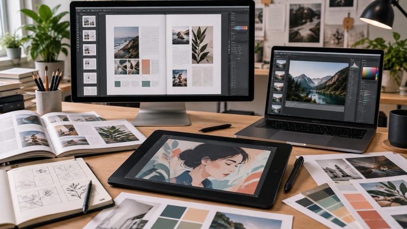 Maquetación editorial, ilustración digital y edición gráfica en un flujo de trabajo profesional
