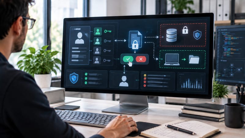 Escritorio de ingeniería que representa control de acceso, trazabilidad y protección de datos personales