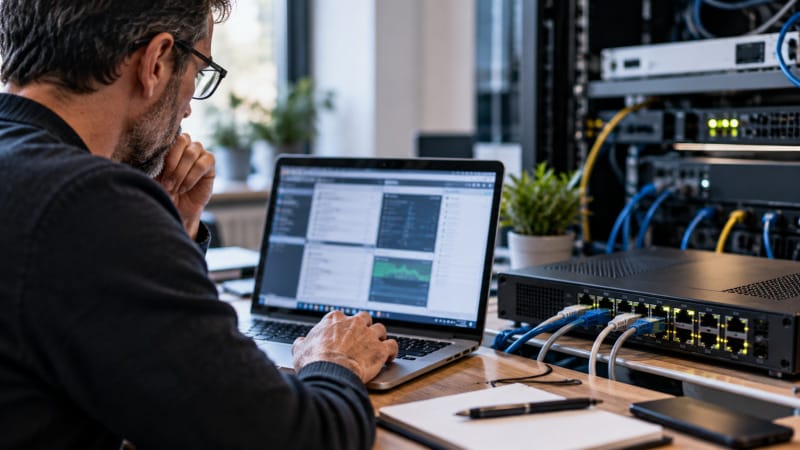 Administrador revisando la seguridad y configuración de un router de red