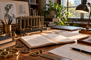 Mesa editorial con cuaderno de matemáticas, engranajes mecánicos y herramientas de cálculo que evocan los orígenes de la informática