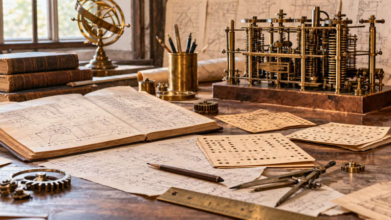 Cuaderno de cálculo, tarjetas perforadas y piezas mecánicas sobre una mesa de investigación histórica