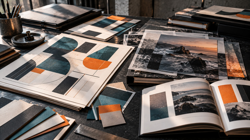 Pruebas impresas de diseño vectorial y retoque fotográfico organizadas junto a carpetas de proyecto