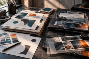 Dos flujos de producción gráfica con carpetas de proyectos y documentos impresos sobre una mesa de estudio