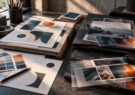 Dos flujos de producción gráfica con carpetas de proyectos y documentos impresos sobre una mesa de estudio