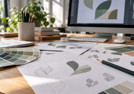 Mesa de trabajo de diseño gráfico con bocetos vectoriales y pruebas de color para una identidad visual