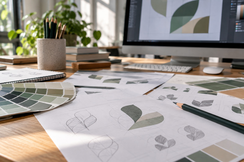 Mesa de trabajo de diseño gráfico con bocetos vectoriales y pruebas de color para una identidad visual