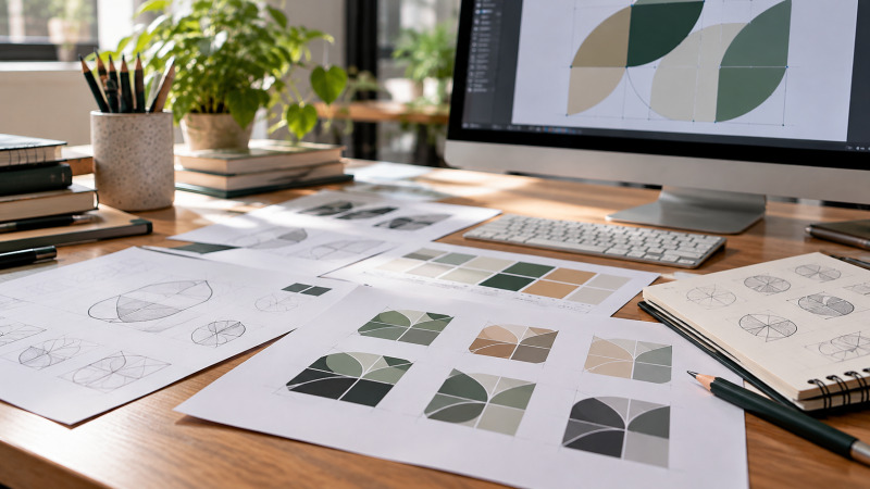 Pruebas de un logotipo vectorial con variantes de color, trazados y versiones para pantalla