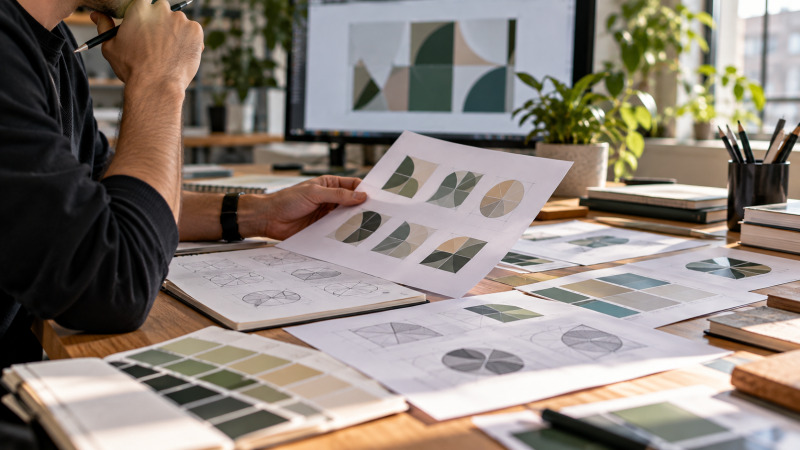 Diseñador revisando pruebas impresas y archivos gráficos antes de preparar la entrega final