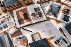 Mesa de diseño editorial con pliegos de un libro, pruebas tipográficas y maquetas impresas
