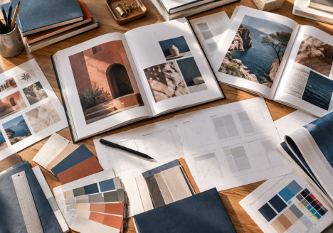 Mesa de diseño editorial con pliegos de un libro, pruebas tipográficas y maquetas impresas