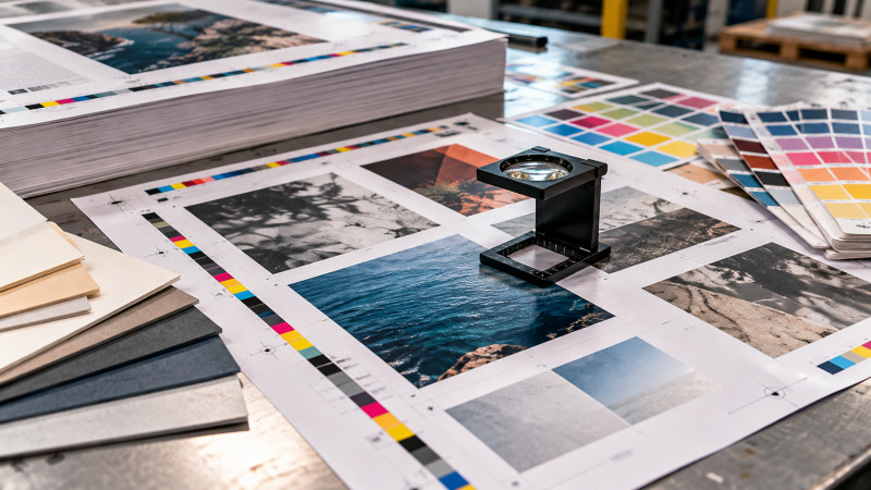 Pruebas de impresión editorial y hojas de control de color junto a un PDF impreso