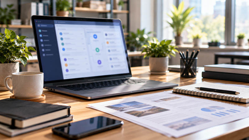 Ordenador portátil y documentos sobre una mesa de trabajo que representan el acceso a datos digitales