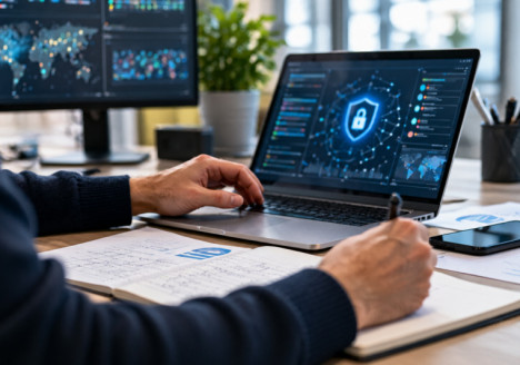 Persona investigadora revisa un flujo de trabajo de inteligencia artificial en un entorno informático profesional