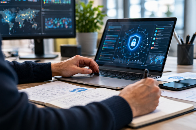 Persona investigadora revisa un flujo de trabajo de inteligencia artificial en un entorno informático profesional