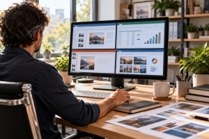 Mesa de trabajo profesional con ordenador y pantallas que muestran interfaces abstractas de edición de documentos, hojas de cálculo y presentaciones