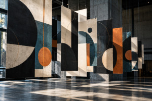 Instalación gráfica cinética con carteles y formas geométricas en movimiento en un espacio arquitectónico