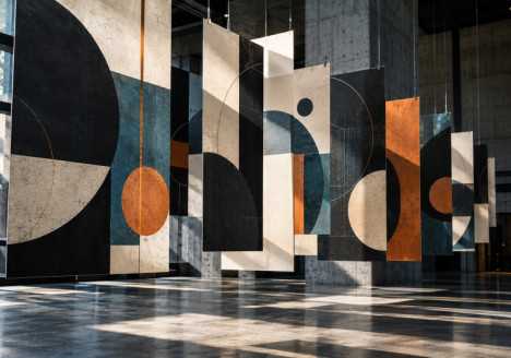 Instalación gráfica cinética con carteles y formas geométricas en movimiento en un espacio arquitectónico