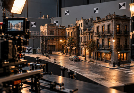 Maqueta física de una calle urbana en miniatura preparada para una producción de efectos visuales