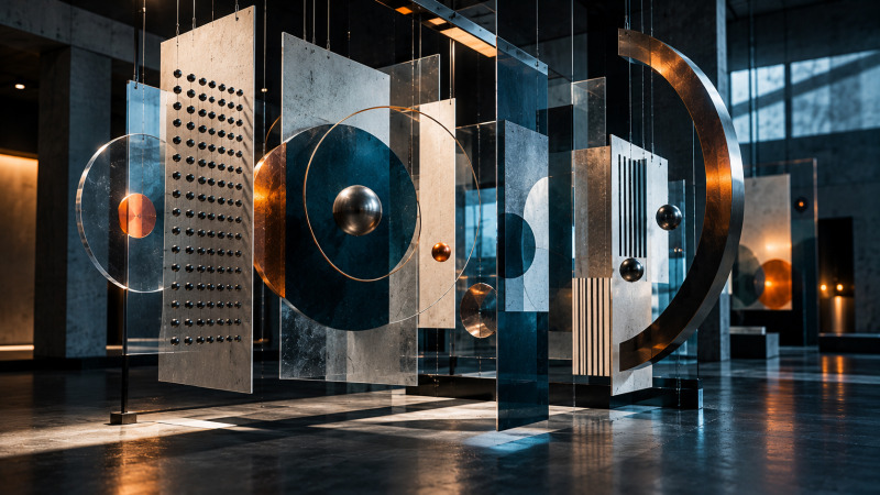Escultura geométrica tridimensional y paneles translúcidos en una instalación abstracta de luz y composición