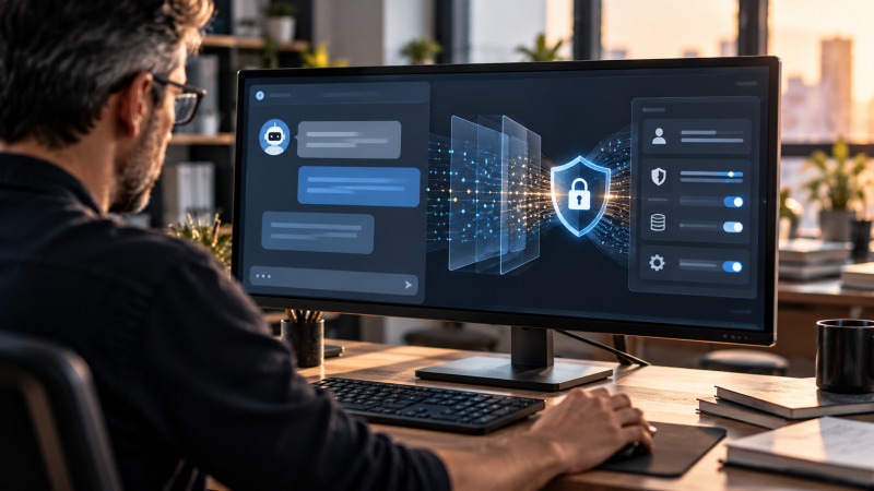 Usuario profesional frente a una pantalla de inteligencia artificial con elementos visuales de privacidad y control