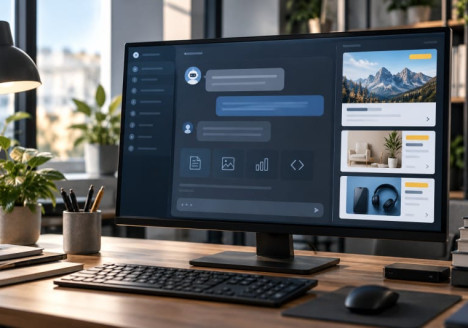 Espacio de trabajo tecnológico con una interfaz conversacional de inteligencia artificial y un anuncio claramente separado