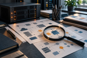 Servidor oscuro y documentos con diagramas técnicos revisados con una lupa en una mesa de análisis de ciberseguridad