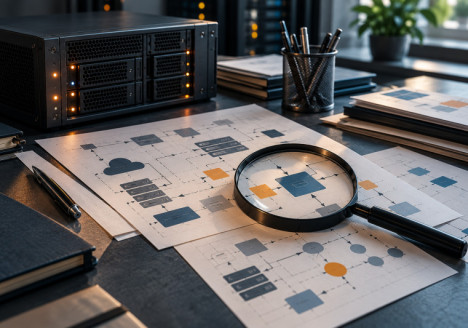 Servidor oscuro y documentos con diagramas técnicos revisados con una lupa en una mesa de análisis de ciberseguridad