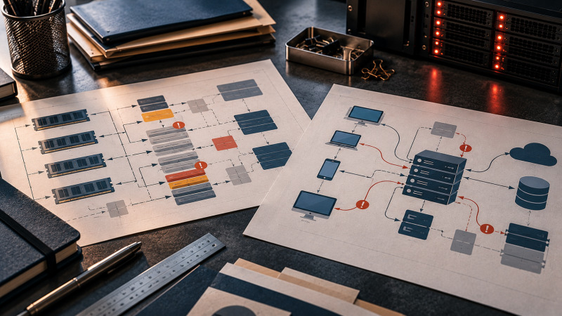 Dos hojas con diagramas abstractos de memoria y flujo de solicitudes conectadas a un bloque de servidor